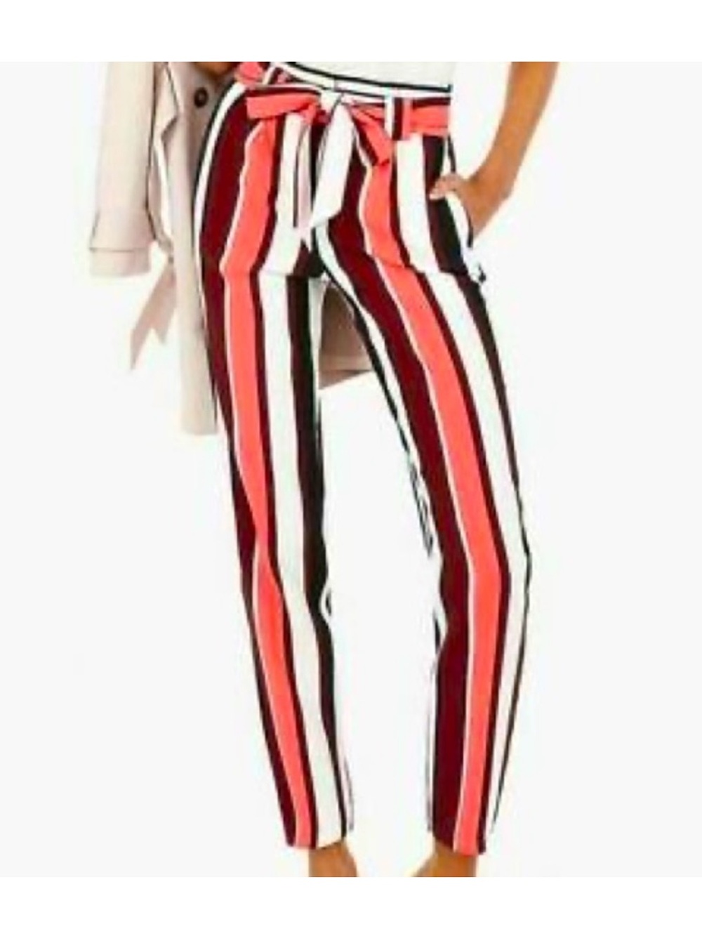 Express Striped Tie-Waist Pants - Red, White, Black